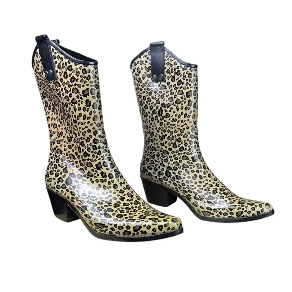 Capelli New York Leopard Rubber Cowboy Rain Boots Womens Size 10 Western